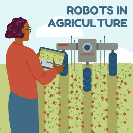 Robots in agriculture, innovation technology for smart farm system, vector flat style illustration.のイラスト素材
