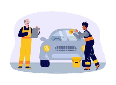 Employees of car maintenance service center flat vector illustration isolated.のイラスト素材