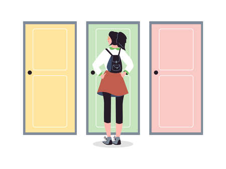 School age girl standing behind closed doors, flat vector illustration isolated.のイラスト素材