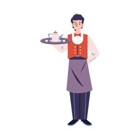 Waiter male character in uniform serving food flat vector illustration isolated.のイラスト素材