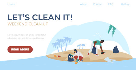 Seashore clean up web banner or landing page mockup, flat vector illustration.のイラスト素材