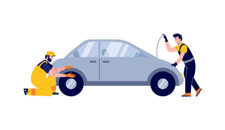 Workers of car service checking engine, flat vector illustration isolated,のイラスト素材