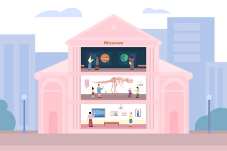 Inside of museum building with visitors and exhibits, flat vector illustration.のイラスト素材