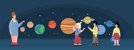 Background with school children in planetarium, flat vector illustration.のイラスト素材
