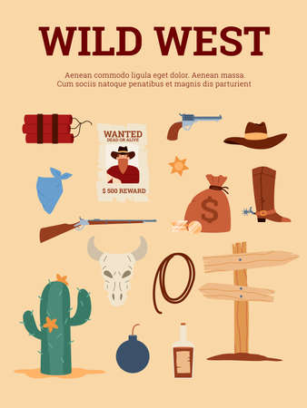 Flat cartoon vector poster with set of wild west traditional symbolsのイラスト素材