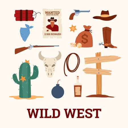 Vector collection of wild west traditional symbols for cowboy american design.のイラスト素材