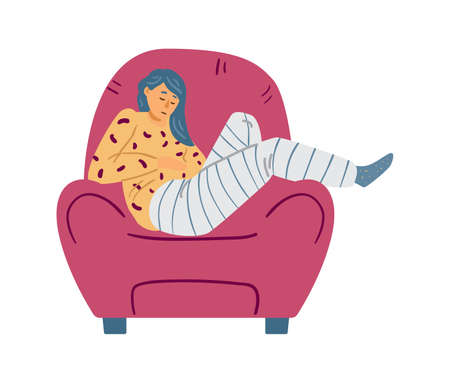 Tired lazy female character sleep in red armchair at home a vector illustration.のイラスト素材