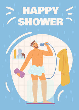 Colorful vector poster with positive man singing in shower at home bathroom.のイラスト素材
