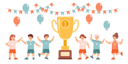 Cheerful happy children near huge trophy cup, flat vector illustration isolated.のイラスト素材