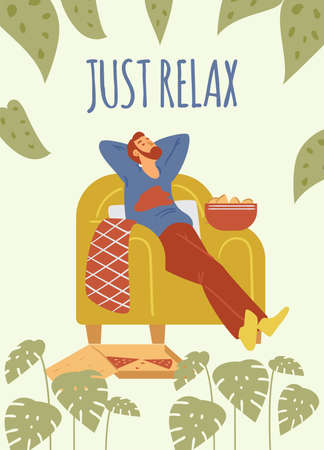 Male is resting on chair with pizza and chips. Vector illustration of bearded man in flat style with text just relax.のイラスト素材