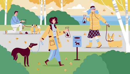People clean up feces after their pets in the parkのイラスト素材