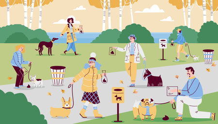 People walk, clean up the feces of their pets in the autumn parkのイラスト素材