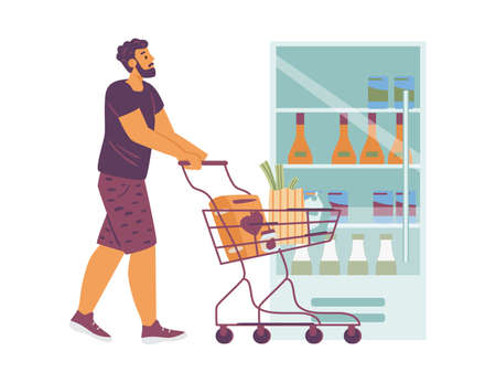 Vector illustration of shopping with young man with shopping cart with food in store. Flat cartoon design of male character in store engaged in routine daily tasks.のイラスト素材