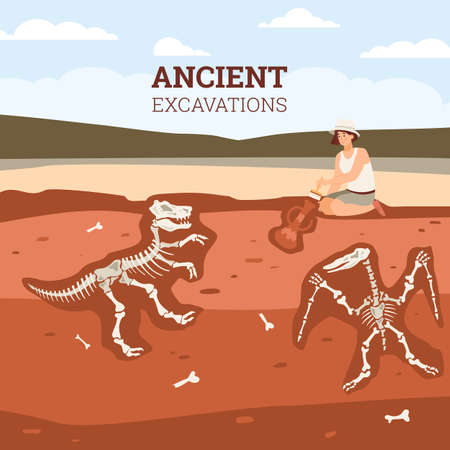 Ancient archaeological web banner or poster template. Card with archaeologist excavating historic artifacts and prehistoric fossils, flat vector illustration.のイラスト素材