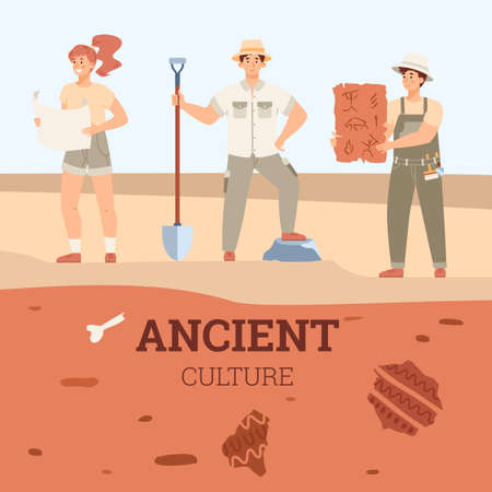 Archaeologists or treasure hunters search ancient artifacts, bones fossil animalsのイラスト素材