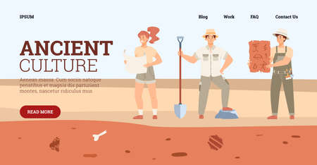 Ancient culture study website banner template, flat vector illustration.のイラスト素材