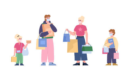 Father, mother and children with shopping bags, vector illustration isolated.のイラスト素材