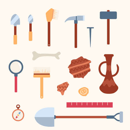 Set tools for work of scientists archaeologists at archeology excavations.のイラスト素材