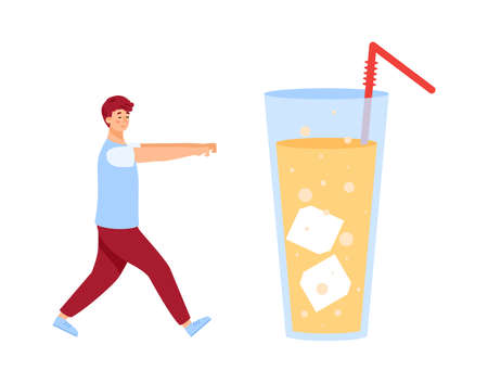 Sugar addicted young man goes to a huge glass with very sweet drink.のイラスト素材