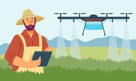 Vector flat illustration of smart farming using digital technologies and drones to automate...