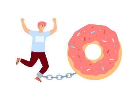 Cartoon character of man chained to donut, flat vector illustration isolated.のイラスト素材
