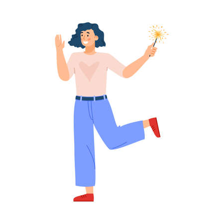 Cute happy young woman holding holiday sparkler a vector illustration.のイラスト素材