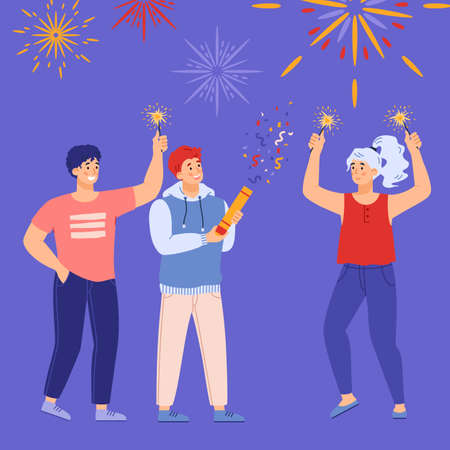 Group of happy people enjoying colorful holiday new year fireworks in night sky.のイラスト素材