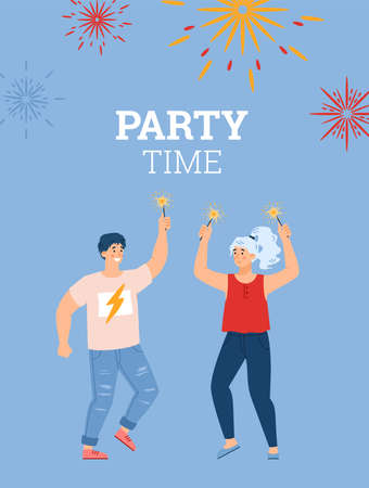 Poster with happy young people having fun on holiday party with fireworks.のイラスト素材