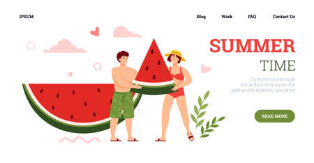 Summer time web banner with watermelon and people, flat vector illustration.のイラスト素材