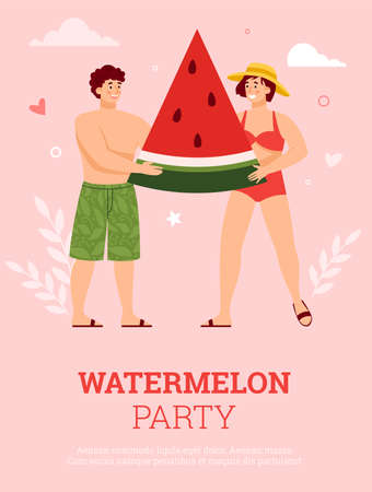 Summer watermelon party banner or poster mockup, flat vector illustration.のイラスト素材