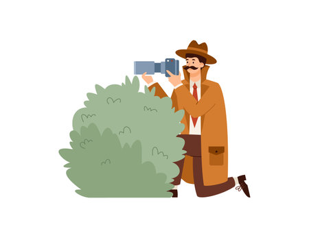 Private detective spy in green bushes with camera and making photo.のイラスト素材