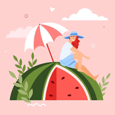 Summer banner with woman sitting on watermelon, flat vector illustration.のイラスト素材