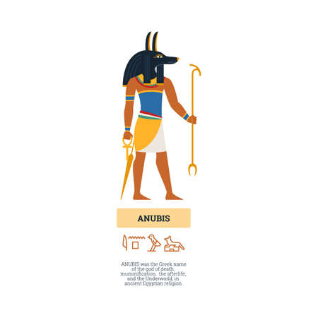 Card with Anubis ancient egypt god, flat vector illustration isolated on white.のイラスト素材