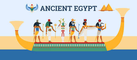 Banner with gods of ancient Egypt floating in boat, flat vector illustration.のイラスト素材