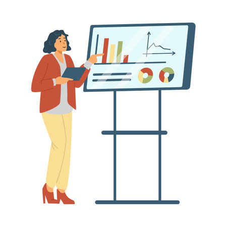 Business woman presenting her idea on whiteboard in flat vector illustrationのイラスト素材