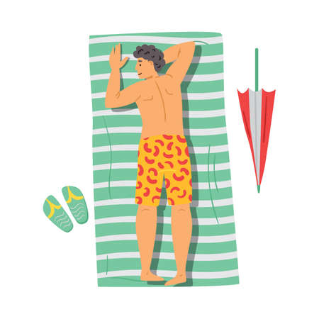 Top view of man tanning on towel or blanket, flat vector illustration isolated.のイラスト素材