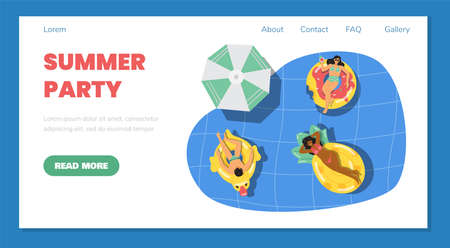 Summer party web banner with woman in pool or sea, flat vector illustration.のイラスト素材