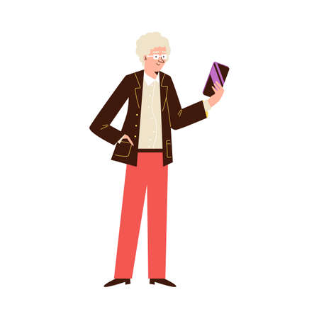 Elderly man standing and looking at phone, flat vector illustration isolatedのイラスト素材