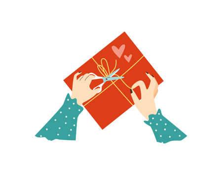 Hands unpacking parcel or mail envelope, flat vector illustration isolated.のイラスト素材