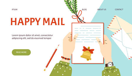 Website for mail services with hands holding letter, flat vector illustration.のイラスト素材