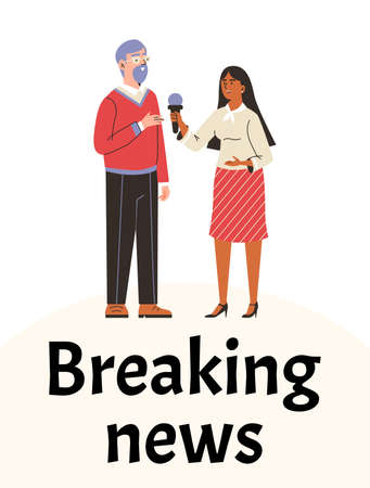 Poster with young female media journalist with microphone take interview man.のイラスト素材