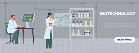 Biotechnology laboratory with working scientists, flat vector illustration.のイラスト素材