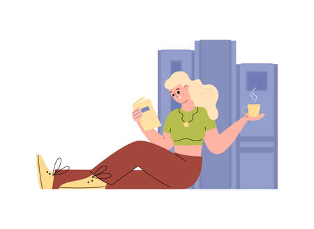 Woman sitting with book and mug of hot drink, flat vector illustration isolated.のイラスト素材