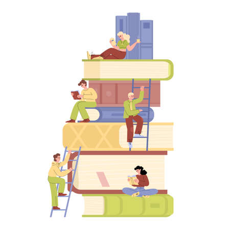Tiny people climbing on top of stacked books flat vector illustration isolated.のイラスト素材