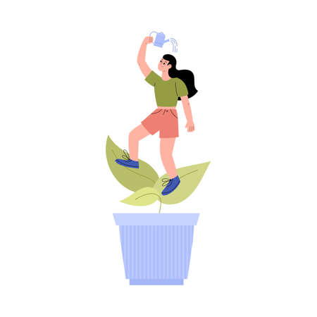 Woman watering herself in flower pot, flat vector illustration isolated.のイラスト素材