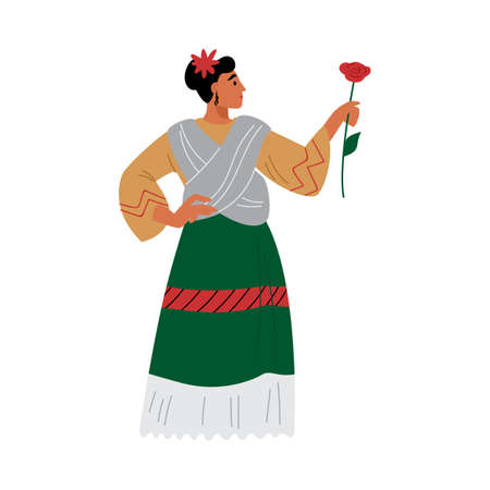 Mexican woman in dress holding flower, flat cartoon vector illustration.のイラスト素材