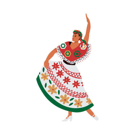 Dancing Mexican woman in Latin-American outfit, flat vector illustration.のイラスト素材