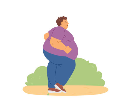 Overweight man running outdoor in park, flat vector illustration isolated.のイラスト素材