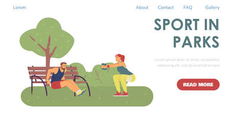 Sport in parks website with people training outdoors, flat vector illustration.のイラスト素材