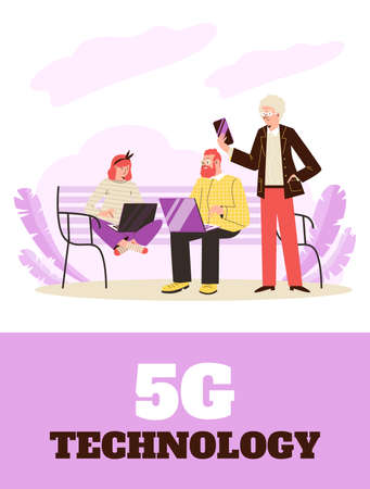 5G technology banner with people using internet signal flat vector illustration.のイラスト素材